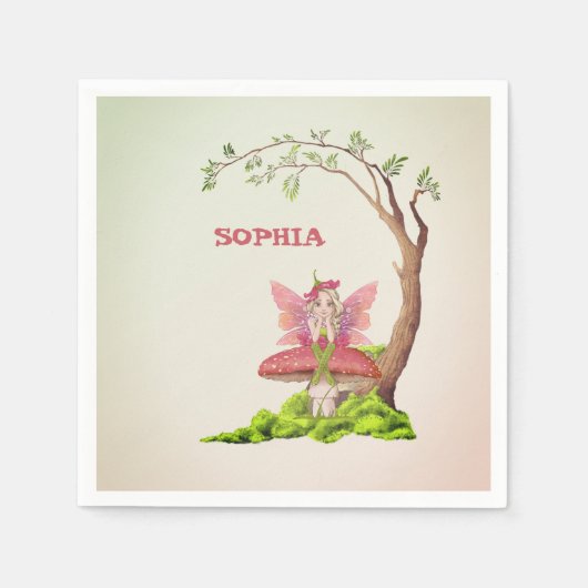 妖精テーマかわいい誕生日ピンクグリーンナプキンス スタンダードカクテルナプキン (正面)