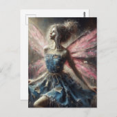 妖精パッチワークデニムドレスピンクの翼 ポストカード (正面/裏面)