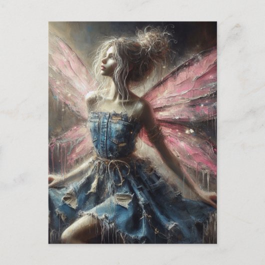 妖精パッチワークデニムドレスピンクの翼 ポストカード (正面)