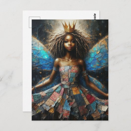 妖精パッチワークドレスブルーウィングスと金ゴールドクラウン ポストカード (正面/裏面)