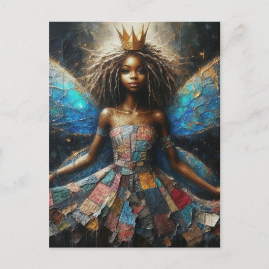 妖精パッチワークドレスブルーウィングスと金ゴールドクラウン ポストカード (正面)