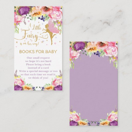 妖精パープルピンクフローラがベビーの本を持ってくる エンクロージャーカード (正面/裏面)