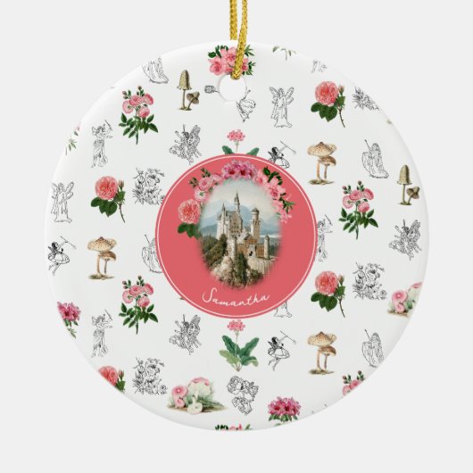 妖精ピンクのフローラキノコ妖精の城モノグラム セラミックオーナメント (正面)