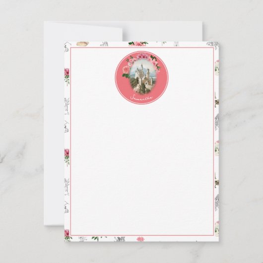 妖精ピンクのフローラキノコ妖精の城モノグラム ノートカード (正面)