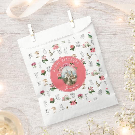 妖精ピンクのフローラキノコ妖精の城誕生日 フェイバーバッグ (クリップ留めされた状態)