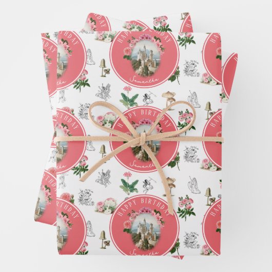 妖精ピンクのフローラキノコ妖精の城誕生日 ラッピングペーパーシート (インサイチュ)