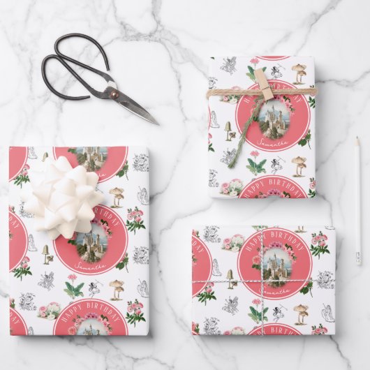 妖精ピンクのフローラキノコ妖精の城誕生日 ラッピングペーパーシート (正面)