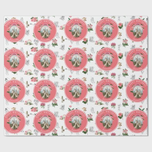 妖精ピンクのフローラキノコ妖精の城誕生日 ラッピングペーパー (フラット)