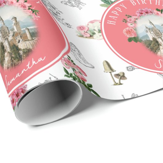 妖精ピンクのフローラキノコ妖精の城誕生日 ラッピングペーパー (ロールコーナー)