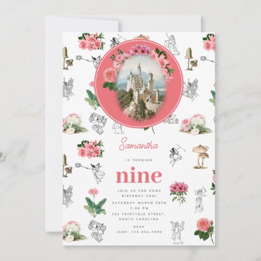 妖精ピンクのフローラキノコ妖精の城誕生日 招待状 (正面)