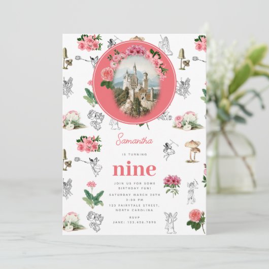 妖精ピンクのフローラキノコ妖精の城誕生日 招待状 (スタンド正面)