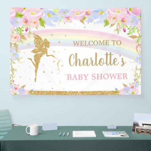 妖精ピンクの青いフローラ赤ちゃんシャワー背景 横断幕 (トレードショー)