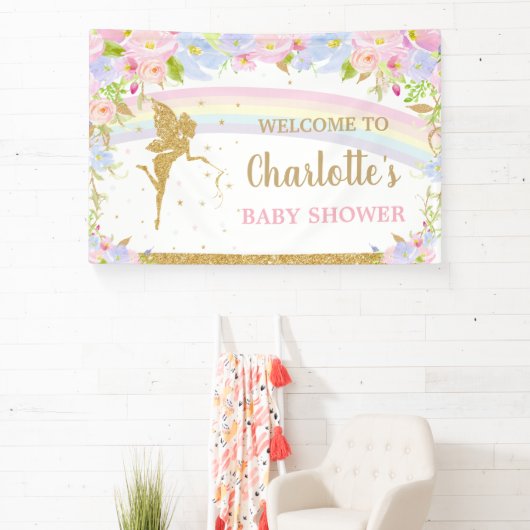 妖精ピンクの青いフローラ赤ちゃんシャワー背景 横断幕 (インサイチュ)