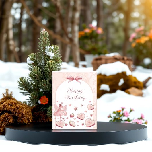 妖精ピンクストロベリーガール誕生日グリーティングカード 招待状