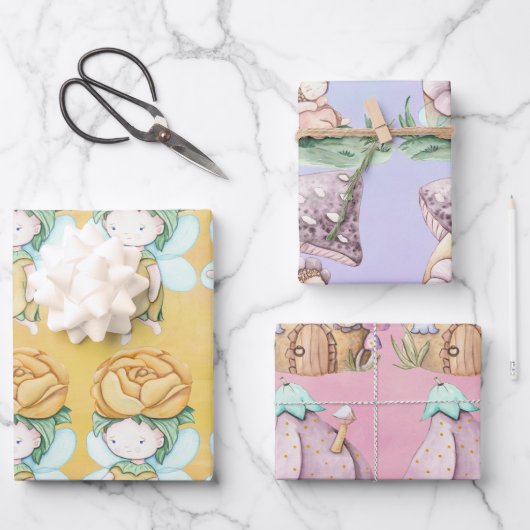 妖精ピンクパープルイエローラッピング紙 ラッピングペーパーシート (正面)