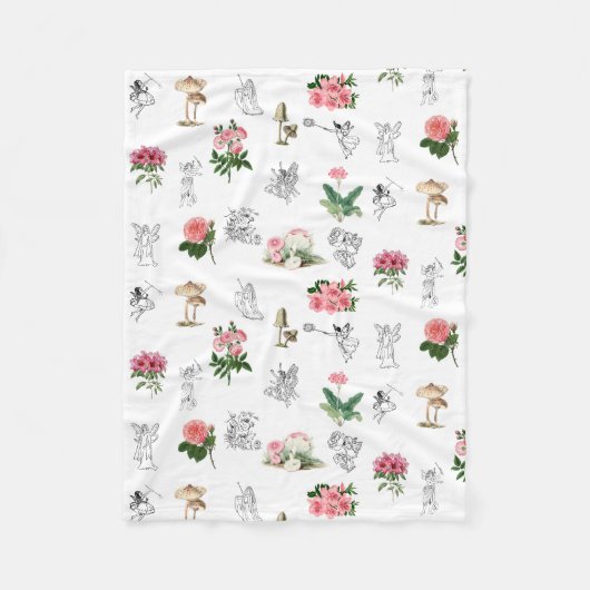 妖精ピンクフローラ&キノコ妖精パターン フリースブランケット (正面)