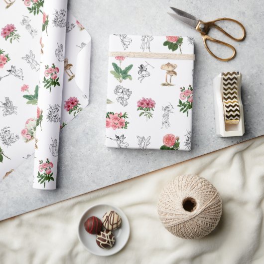 妖精ピンクフローラ&キノコ妖精パターン ラッピングペーパー (クラフト)