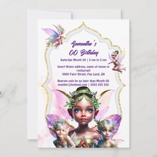 妖精ファンタジーお洒落ピクシー王女ピンクの女の子 招待状 (正面)