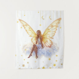 妖精ファンタジーブロンド女の子の雲の魔法の座って タペストリー