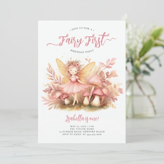 妖精ファーストピンク金ゴールド魔法の女の子1st誕生日 招待状 (スタンド正面)