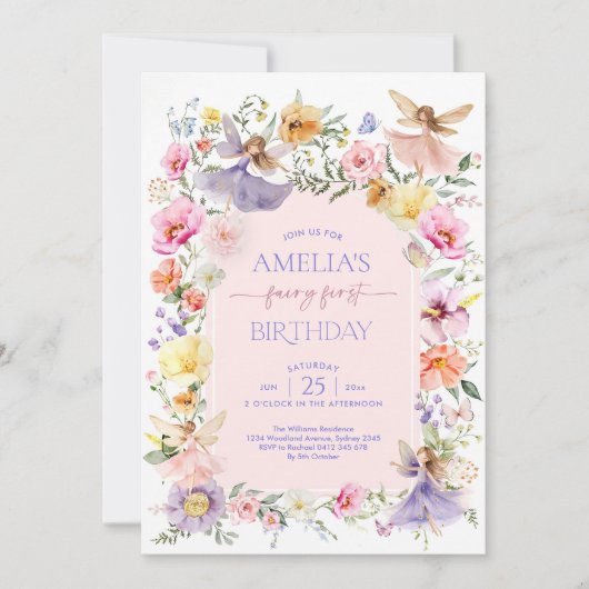 妖精ファースト誕生日かわいいフローラガーデン妖精1s 招待状 (正面)