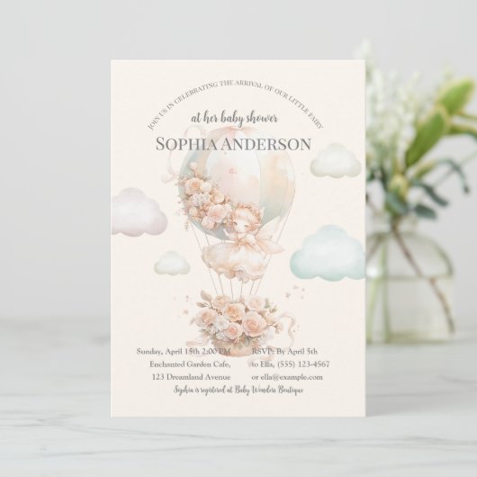 妖精フローラホットエアバルーン赤ちゃんシャワー 招待状 (スタンド正面)