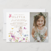 妖精プリンセスフラワーガーデンガールズ誕生日写真 招待状 (正面)