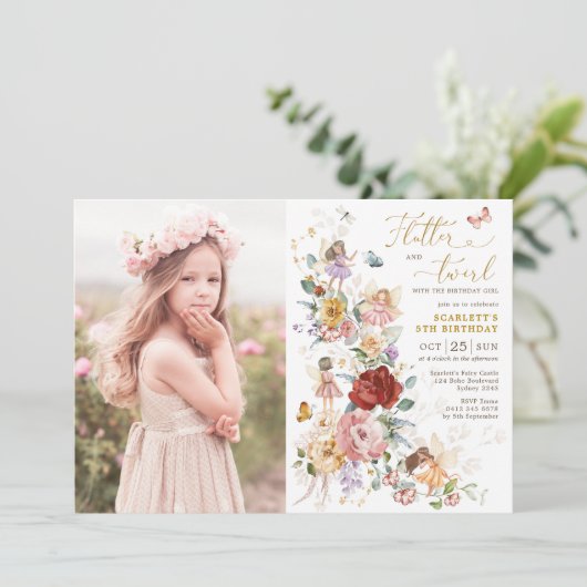 妖精プリンセスフラワーガーデンガールズ誕生日写真 招待状 (スタンド正面)