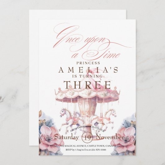 妖精プリンセスフラワーピンク誕生日パーティー3日 招待状 (正面/裏面)