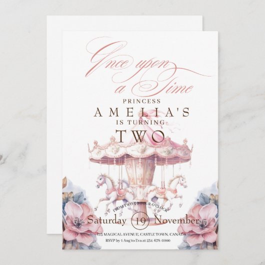 妖精プリンセスフラワーピンク誕生日パーティー 招待状 (正面/裏面)