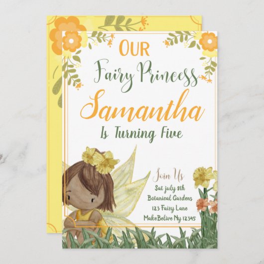 妖精プリンセス誕生日招待状カード (正面/裏面)