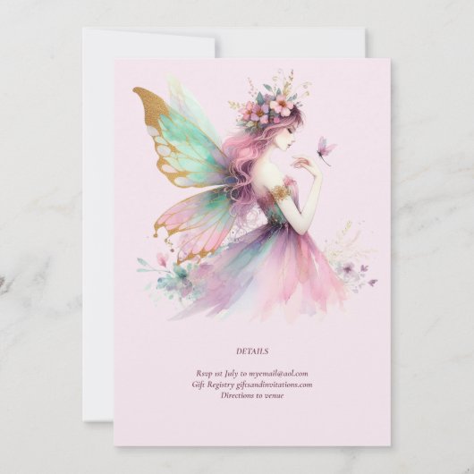 妖精プリンセス1st誕生日またはEDIT AGEティール（緑がかった色）金ゴールド 招待状 (裏面)