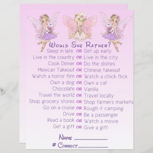 妖精ベイビーシャワーピンクイラストレーションパーティーゲーム (正面/裏面)