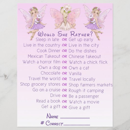 妖精ベイビーシャワーピンクイラストレーションパーティーゲーム (正面)