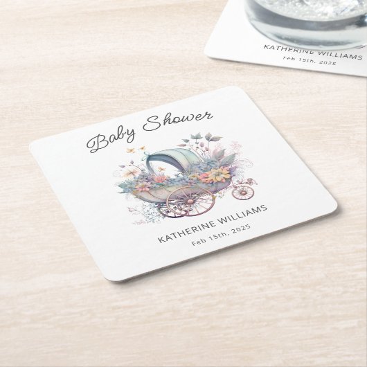 妖精ベビーベビーカー赤ちゃんシャワー スクエアペーパーコースター (アングル)