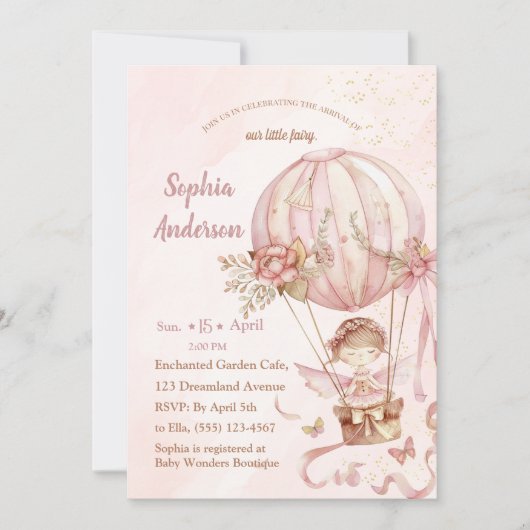 妖精ホットエアバルーンガールベビーシャワー招待状 招待状 (正面)