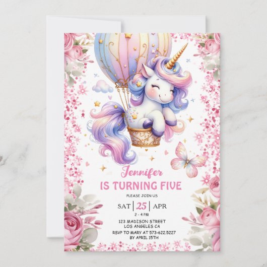 妖精ユニコーン第5誕生日ガールピンクユニコーン 招待状 (正面)