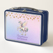 妖精ユニコーン金ゴールドスターパープルピンクブルーグリッター メタルランチボックス (正面)