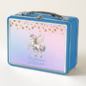 妖精ユニコーン金ゴールドスターパープルピンクブルーグリッター メタルランチボックス (正面)