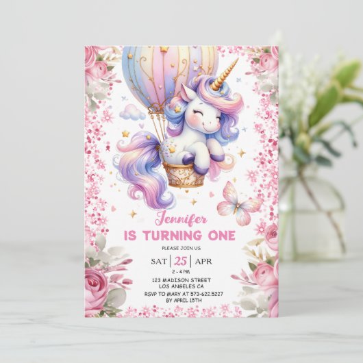 妖精ユニコーン1st誕生日ガールピンクユニコーン 招待状 (スタンド正面)