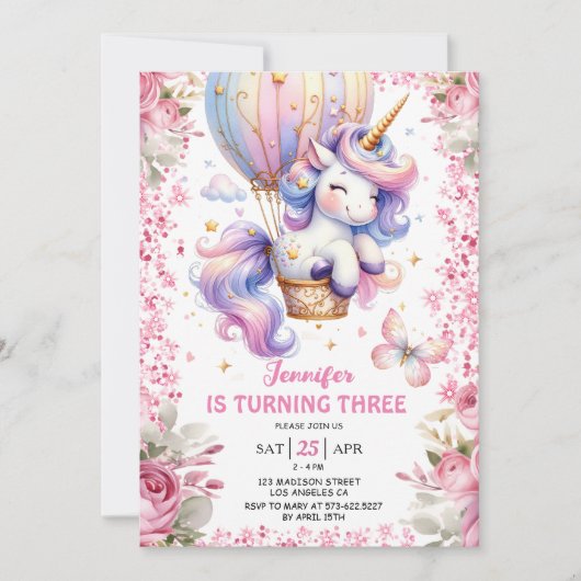 妖精ユニコーン3rd誕生日ガールピンクユニコーン 招待状 (正面)