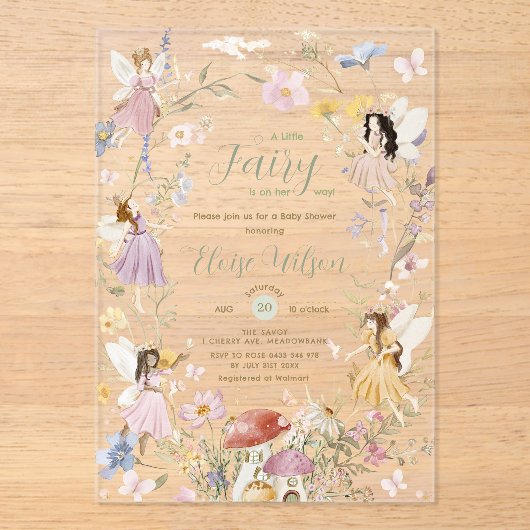 妖精ワイルドフラワーフラワーメドウ赤ちゃんシャワー アクリル招待状 (正面)