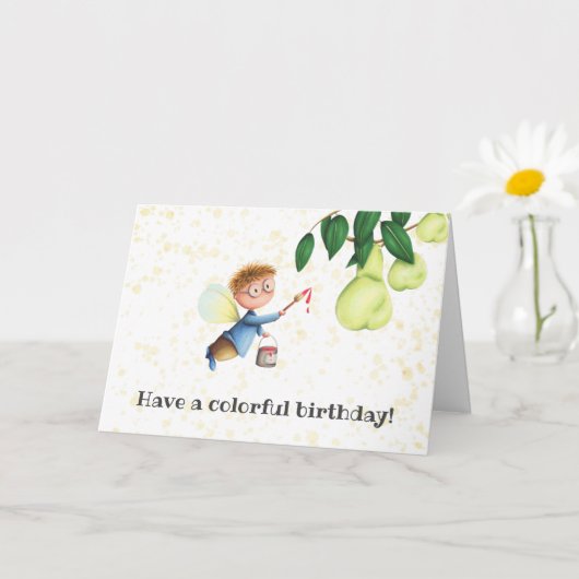 妖精絵画の梨のパーソナライズされた誕生日 カード (小さな植物)