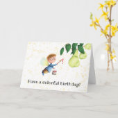 妖精絵画の梨のパーソナライズされた誕生日 カード (黄色い花)