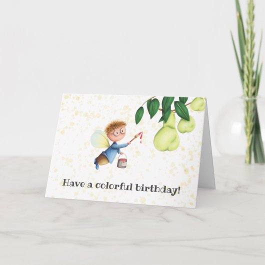 妖精絵画の梨のパーソナライズされた誕生日 カード (正面)