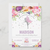 妖精誕生日パープルピンクフローラシルバーグリッター 招待状 (正面)