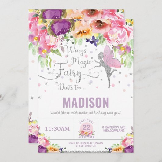 妖精誕生日パープルフローラシルバーお洒落 招待状 (正面/裏面)