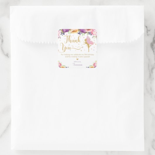 妖精誕生日ピンクパープルフローラありがとう好意 スクエアシール (バッグ)