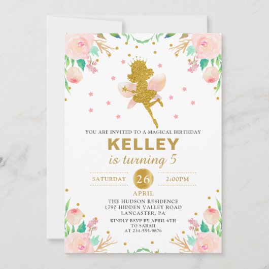 妖精誕生日招待状ピンクフローラガールパーティー 招待状 (正面)