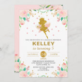 妖精誕生日招待状ピンクフローラガールパーティー 招待状 (正面/裏面)